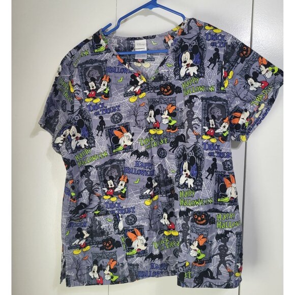 Disney Mickey Minnie Mouse Scrub Top XL Halloween Gray Nurse Doctor Vet Holiday - Picture 2 of 9